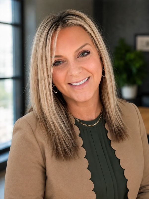 Professional woman smiling warmly in an office setting.