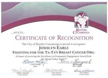 Certificate of recognition given to Fighting 4 the Tatas Breast Cancer INC