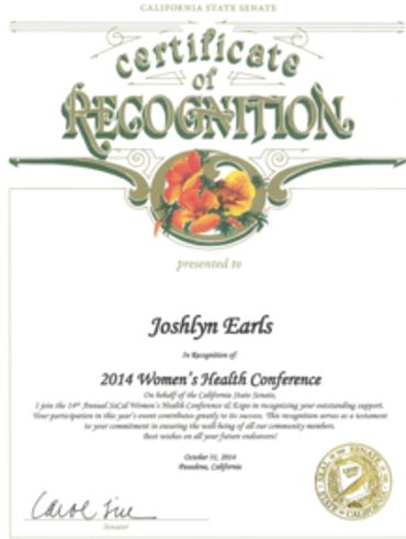 A certificate of recognition for 2014 Women's health conference