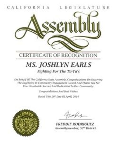 Certificate of recognition from California Legislature