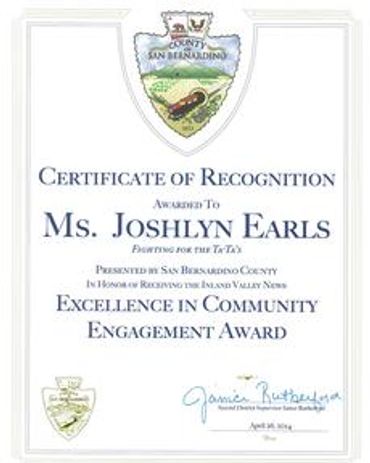 Certificate of recognition awarded to Joshlyn Earls