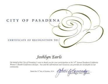 Certificate of recognition from City of Pasadena