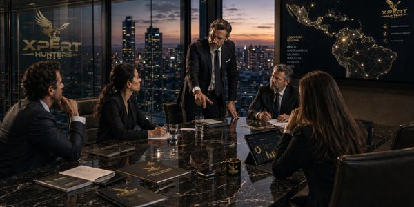 Business team in a high-rise office discussing strategy at sunset.