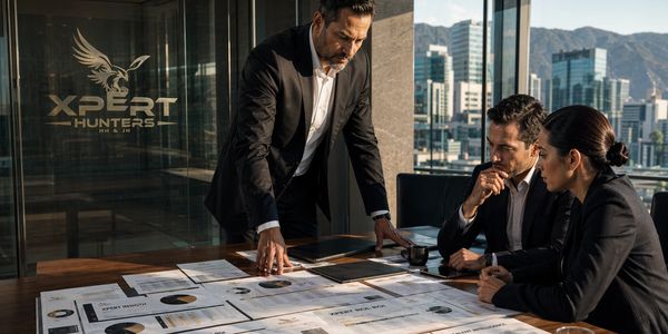 Three professionals analyzing charts and data in a modern office with city views.