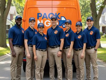 Seven delivery workers in uniform pose in front of an orange van.