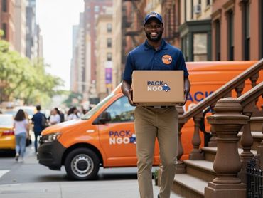 A delivery man carrying a package with a branded van in the background.
