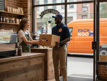 Delivery person handing a package to a barista in a coffee shop.