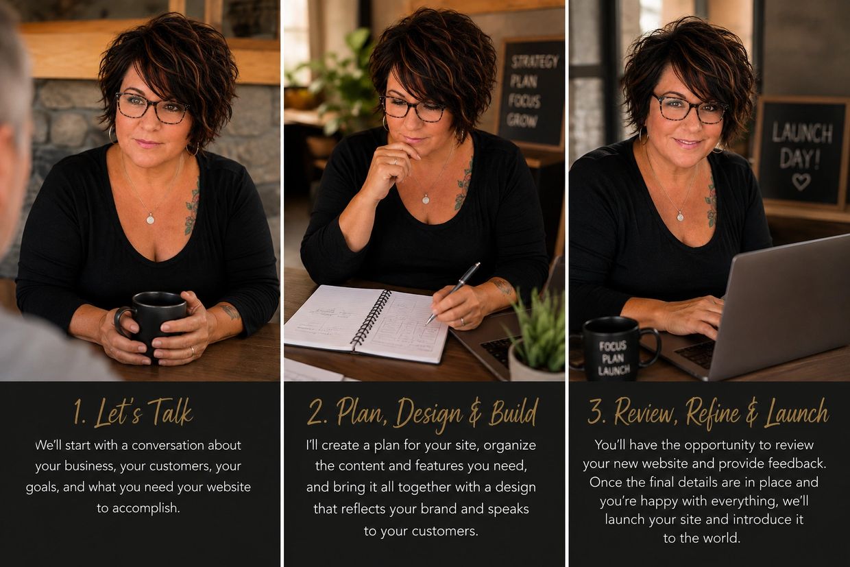 A woman detailing a three-step website development process.