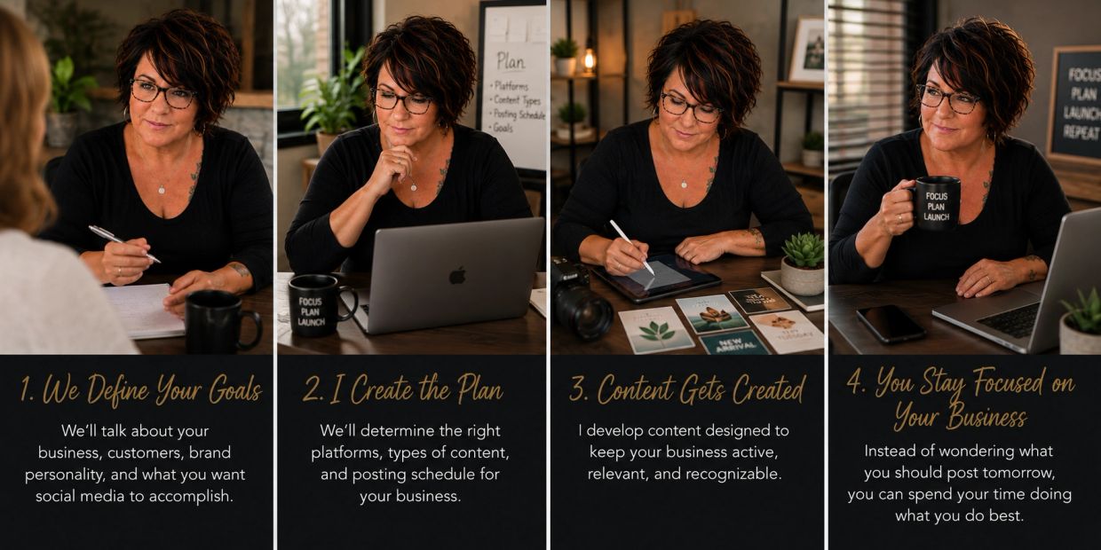 Woman discussing and planning a social media strategy in four steps.