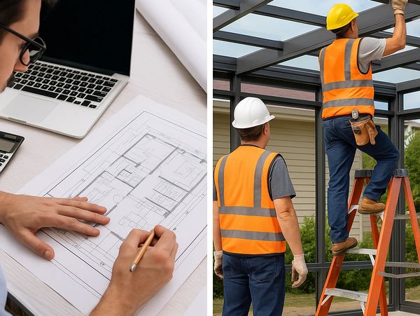Split image showing an architect drafting blueprints ,installers assembling a glass sunroom frame.