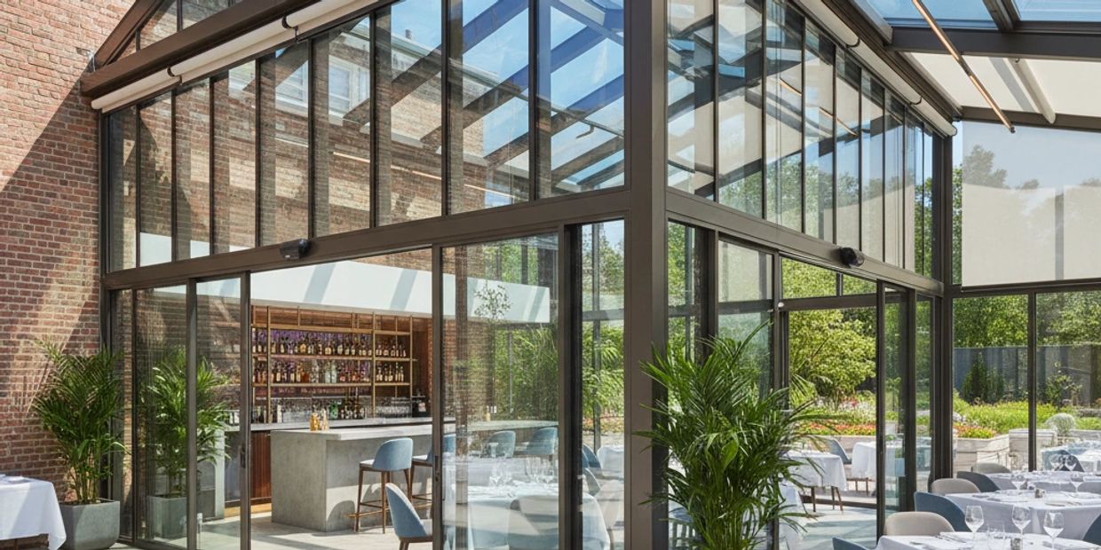 A sleek commercial glass sunroom with a dining area, bar, and outdoor patio.