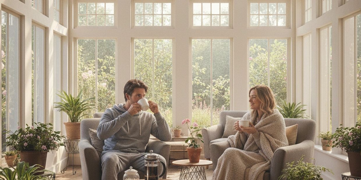 Couple sips coffee in bright, spacious sunroom with cathedral glass roof and large transom windows.