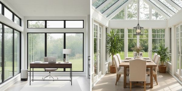 Split photo:Straight eave sunroom with skylight; Cathedral sunroom with fullglass roof, dining table