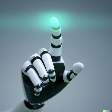 Robotic hand pointing upward with glowing fingertip.