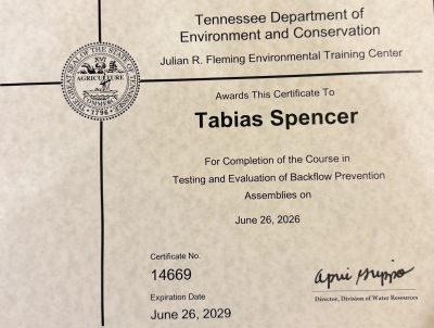 Certificate awarded to Tabias Spencer by Tennessee Department of Environment and Conservation.