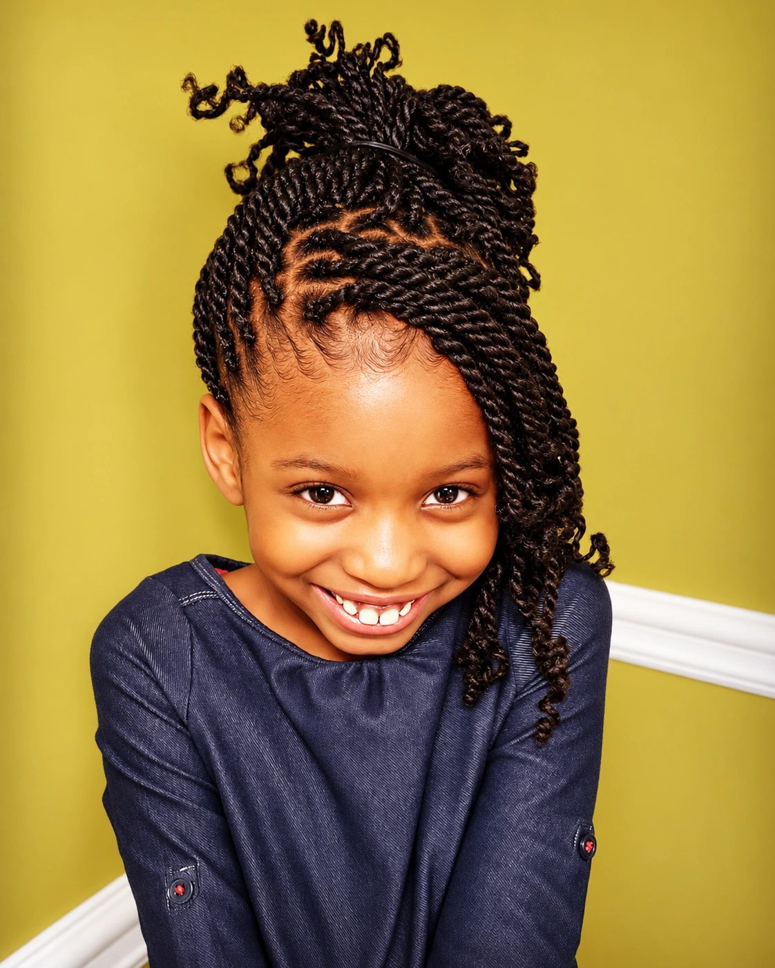 Smiling girl with twisted braids hairstyle.