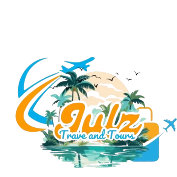 Colorful travel logo with palm trees, airplane, and suitcase.