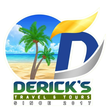 Logo of Derick's Travel & Tours with a beach and palm trees.