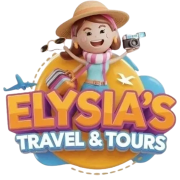 Logo of Elysia's Travel & Tours with a cheerful traveler holding a camera and luggage.
