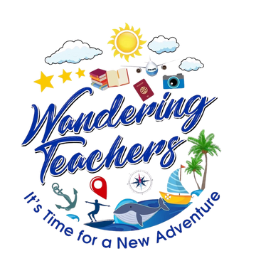 Travel-themed design with text about wandering teachers and new adventures.