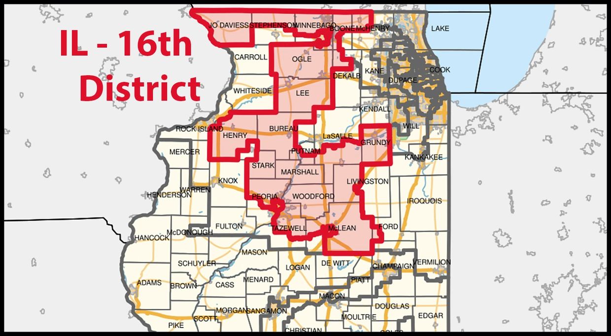 Map highlighting Illinois' 16th District map -boundaries in red.