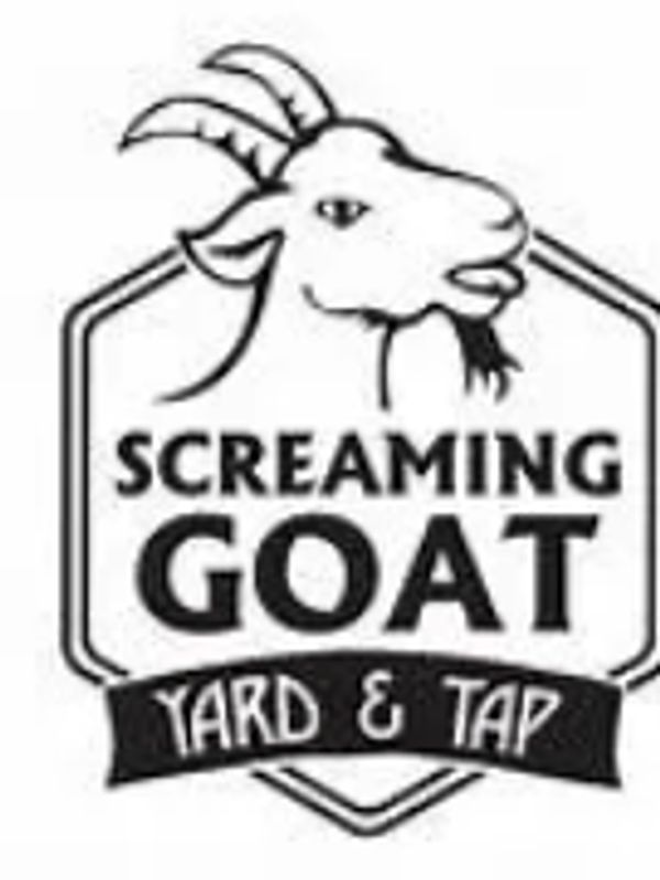 Logo featuring a goat and the text Screaming Goat Yard & Tap.