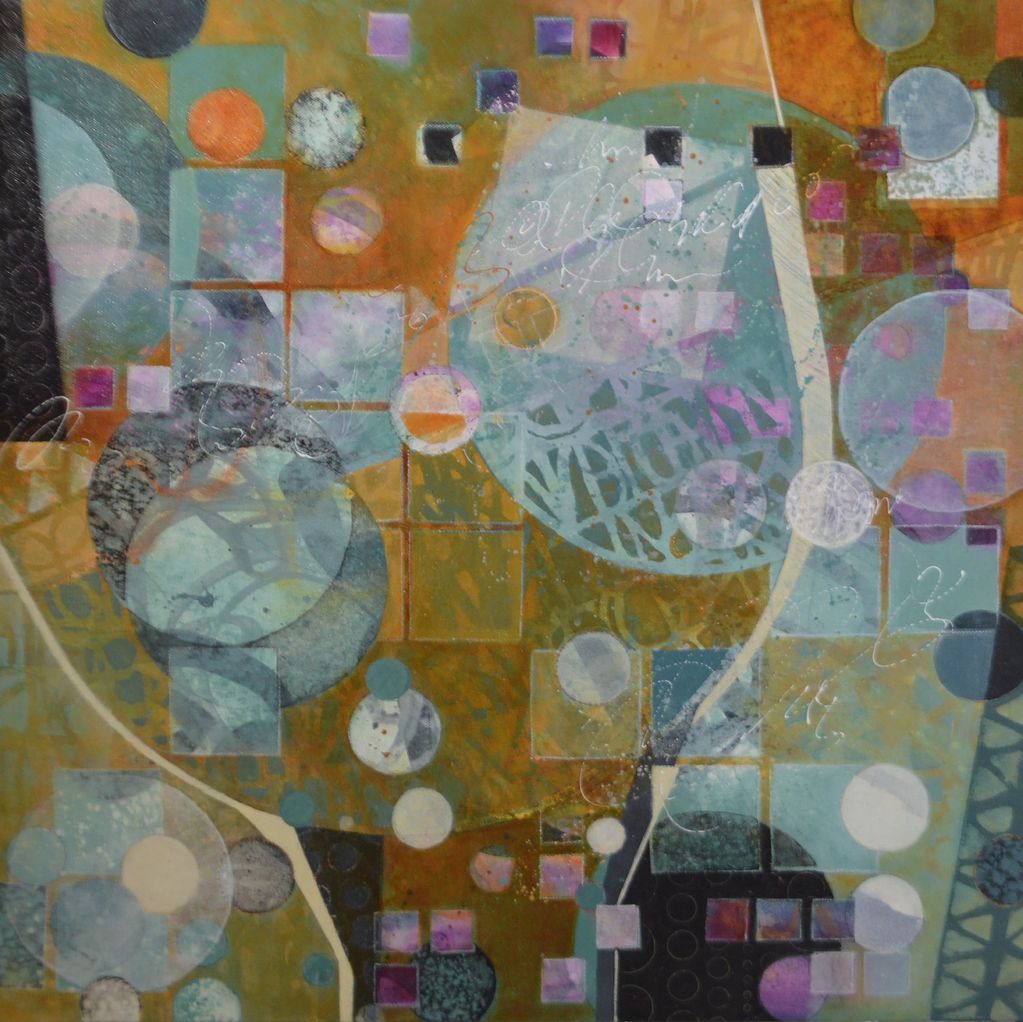 Abstract chalice shape with symbolic circles, squares, geometric intersections with language fonts