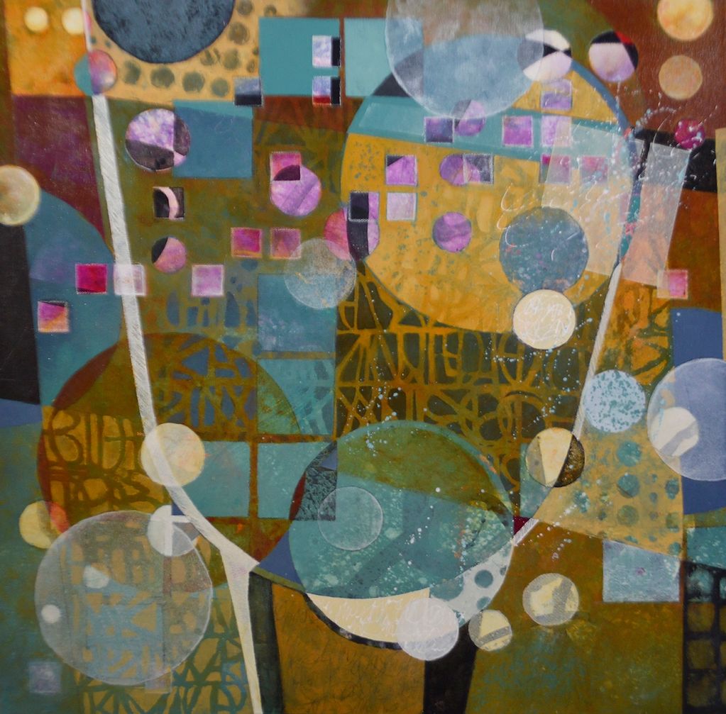 Abstract chalice shape with symbolic circles, squares, geometric intersections with language fonts