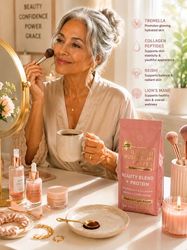 Elegant woman enjoying mushroom coffee and skincare in a serene morning routine.