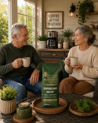 Smiling couple enjoying coffee together with a bag of Illumin Mushroom Coffee on the table.