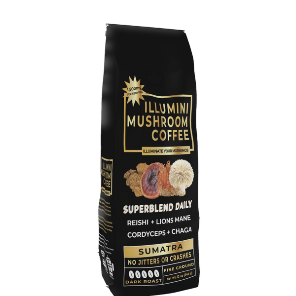 Bag of ILLUMINI SuperBlend Daily Mushroom Coffee, a chef-crafted dark roast with Lion’s Mane, Cordyc