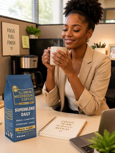 Woman enjoying a cup of Illuminati Mushroom Coffee at her desk.
