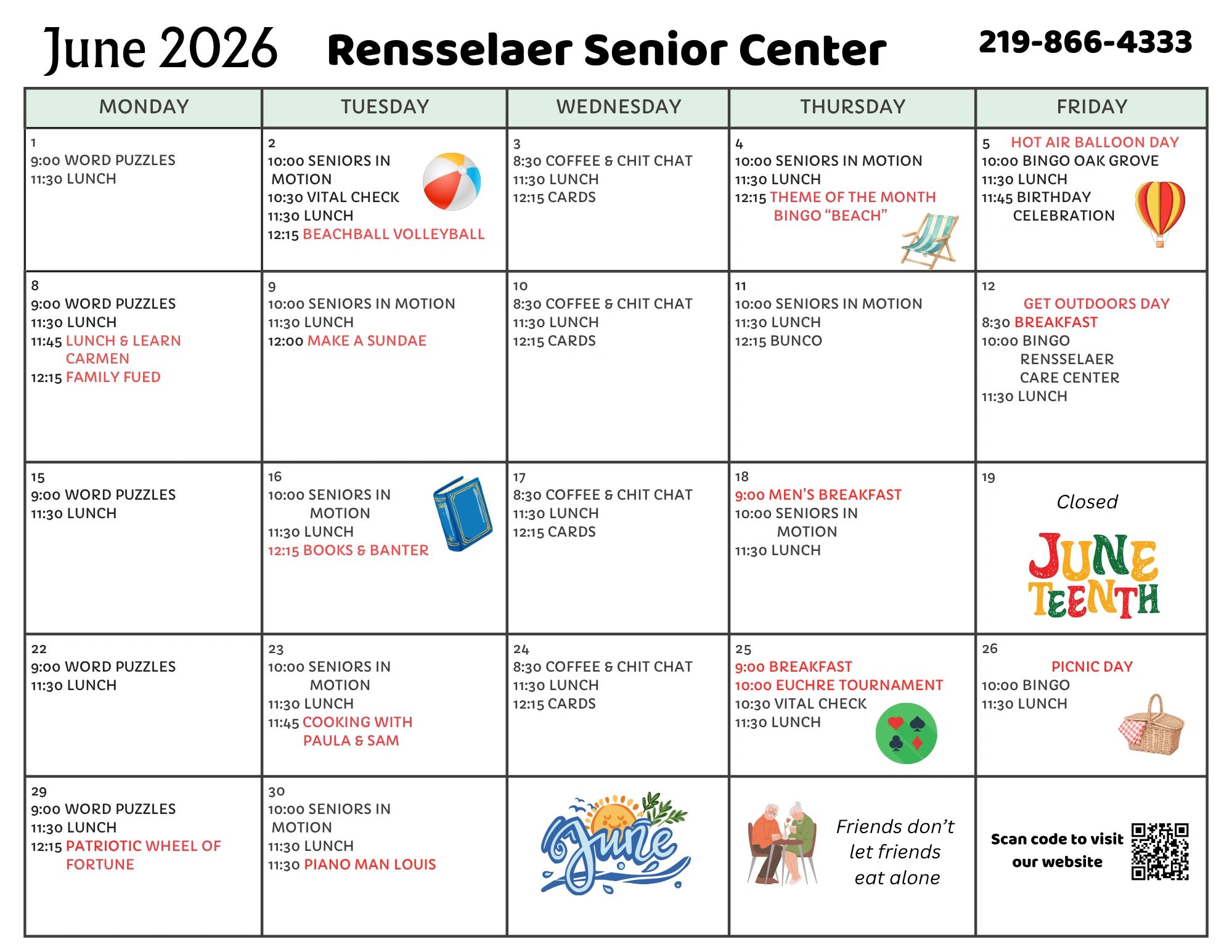 June 2026 calendar for Rensselaer Senior Center with daily activities and events.