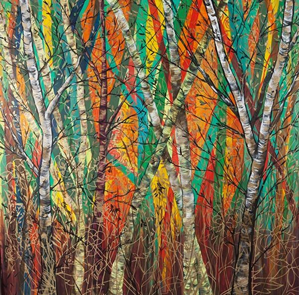 Colorful abstract forest with birch trees and vibrant vertical stripes.