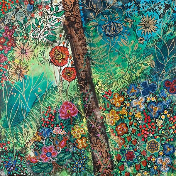 Colorful, intricate floral artwork with a variety of flowers and detailed patterns.