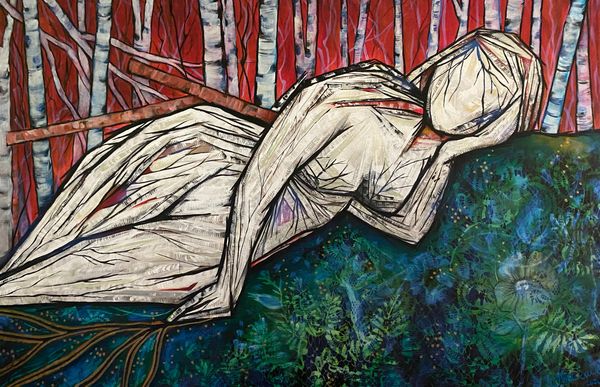 Abstract figure reclining in a forest with a red sky and birch trees.