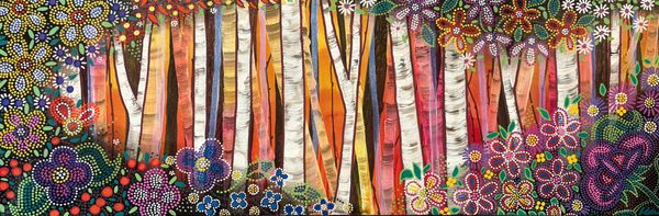 Colorful abstract forest scene with stylized trees and vibrant floral patterns.