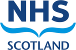 Logo of NHS Scotland with blue text and wave design.