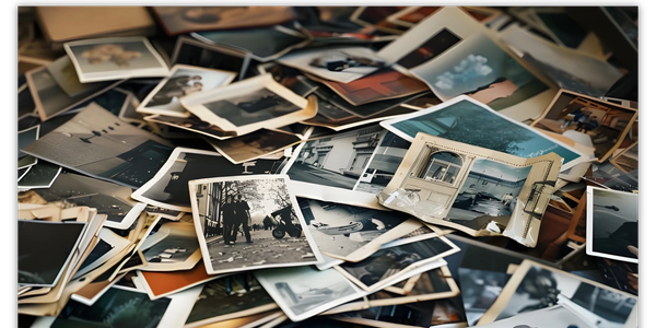 A pile of old photographs scattered on a surface.