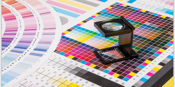 Color calibration charts and a magnifying glass for print quality inspection.
