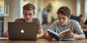Two teenage boys studying, one using a laptop and the other reading a book.