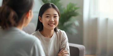 Two women engaged in a friendly conversation indoors.