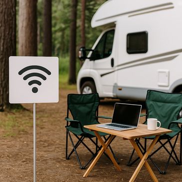 Camping setup with laptop, coffee, and Wi-Fi sign near an RV in the forest.