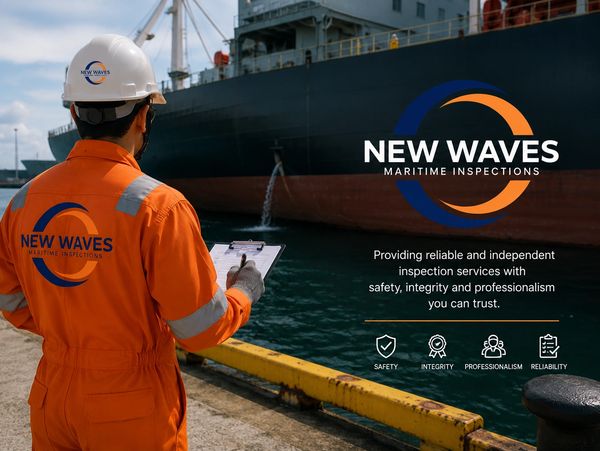 Maritime inspector in orange gear checking a ship at a dock for New Waves Maritime Inspections.