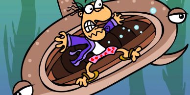 Cartoon of Jonah inside a whale, fearing a shark.