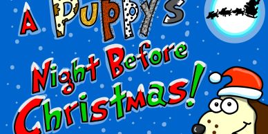 Colorful book cover featuring a puppy and Santa's sleigh on Christmas night.