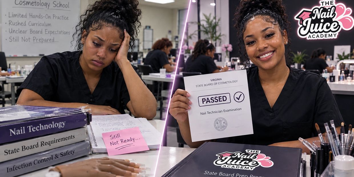 Before and after passing nail technician exam at Nail Juice Academy.