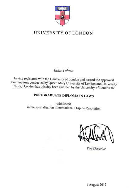 Lawyer Elias Tohme PgDip in International Dispute Resolution with Merit from the University Of London - Tohme Legal - Lawyers in Lebanon