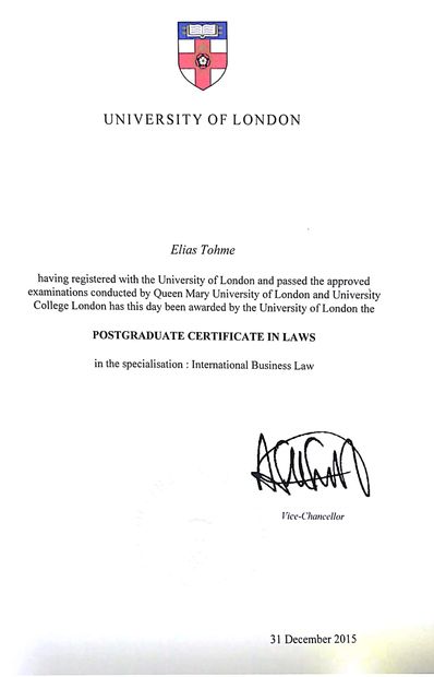 Tohme Legal - Lawyer Elias Toufic Tohme received a PgCert from the University Of London in International Business Law - Lawyers In Lebanon