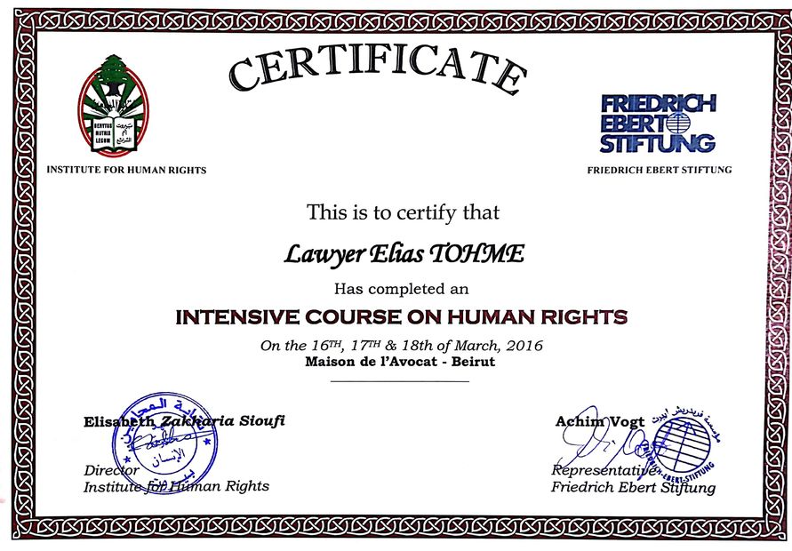 Lawyer Elias Tohme completes an Intensive course on Human Rights